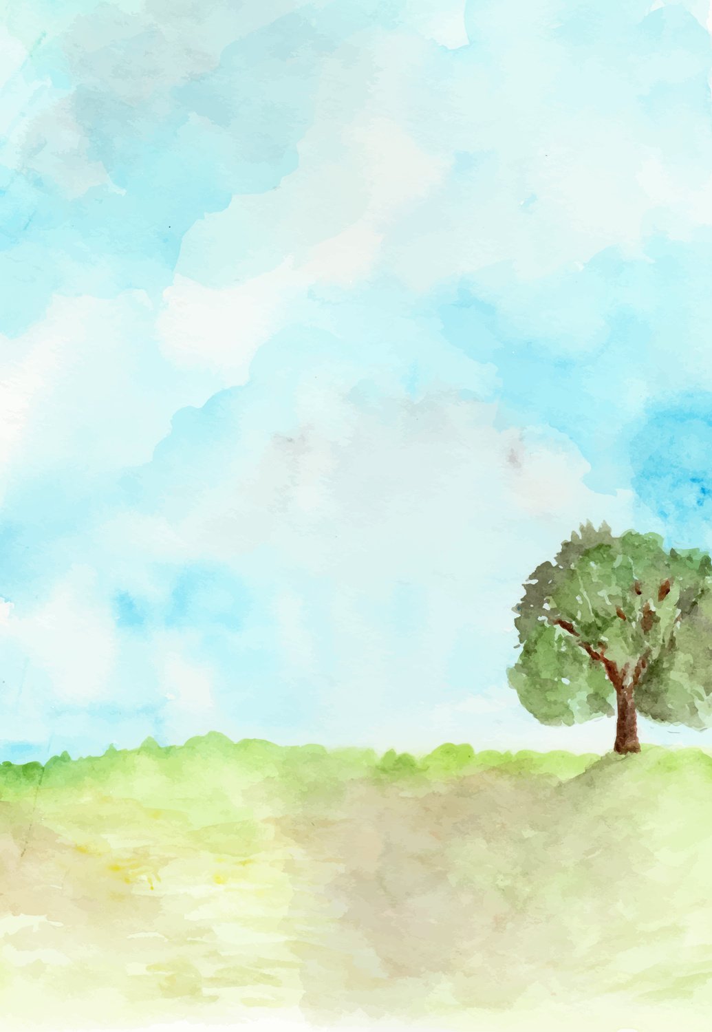 Watercolor simple garden with blue skies.